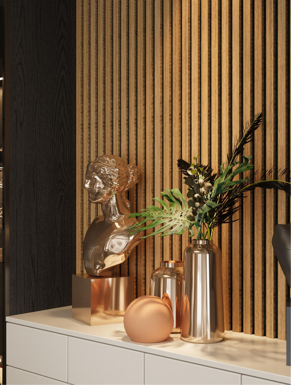 Wood slat acoustic wall panels with dark felt backing behind a console